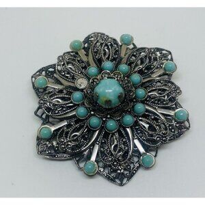Pewter Tone Brooch with Aqua Stones Wear or Repair Estate Find